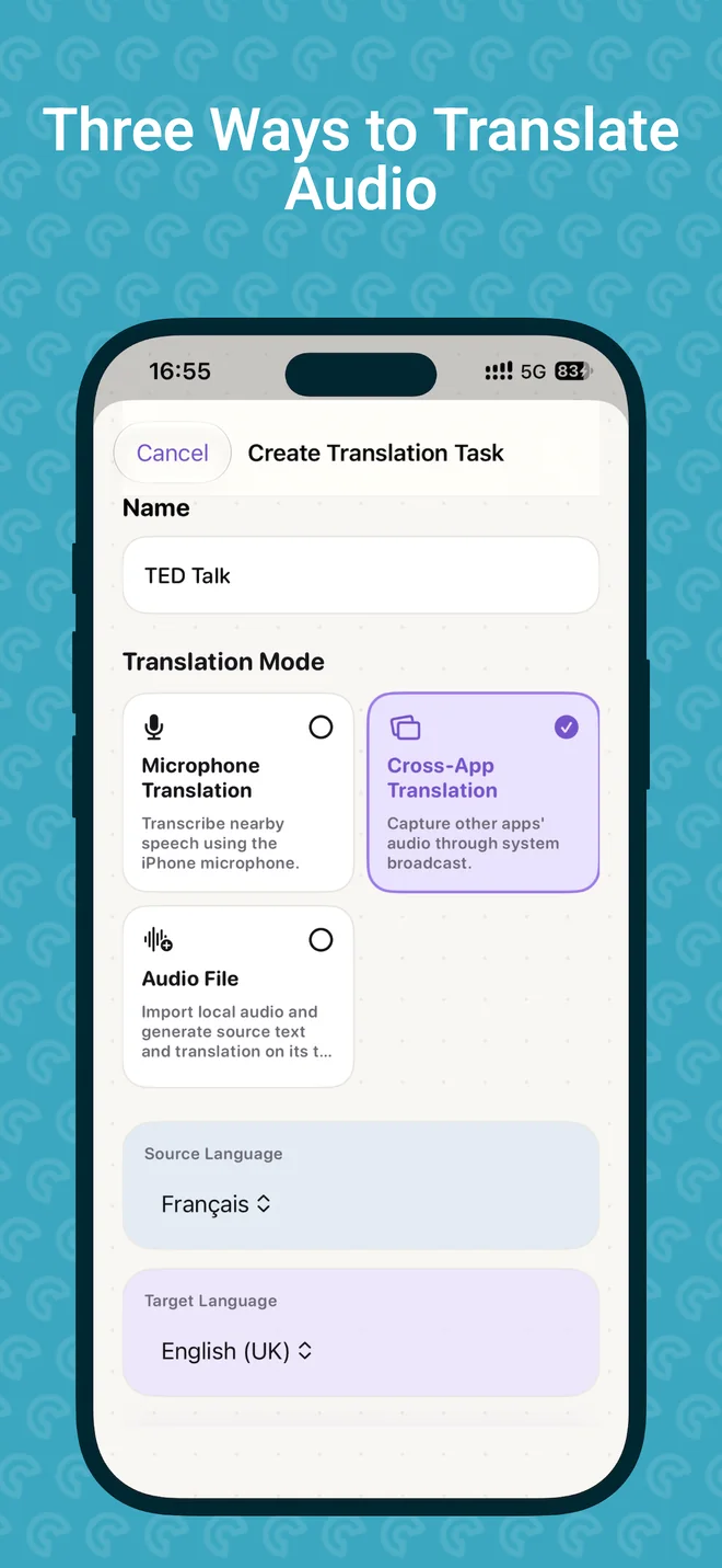 TransFloat task creation with microphone, cross-app, and audio file modes