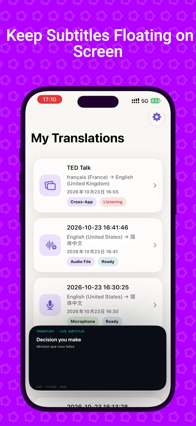 TransFloat translation history with a floating subtitle window