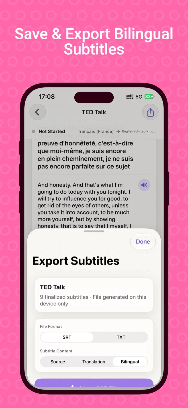 TransFloat export sheet with SRT, TXT, and bilingual subtitle options