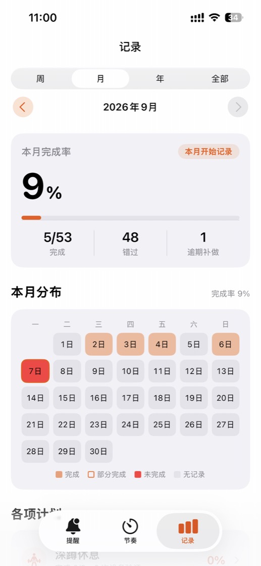 记录 — 月历完成度一览